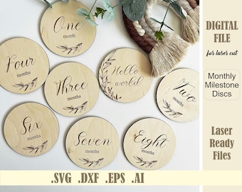 Monthly Milestone discs SVG, Laser cut file Baby Props SVG, Milestone Cards Digital files, Baby Name Sign Download, Baby Announcement