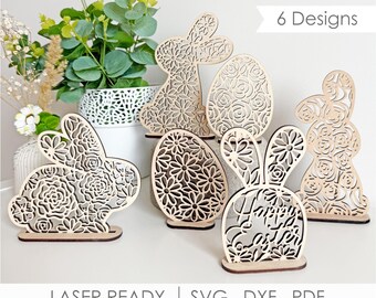 Floral Easter Bunny and Egg SVG Bundle, Standing Easter Shelf Sitters, Laser Cut Spring Decor, Easter Basket Tags, Happy Easter Ornaments