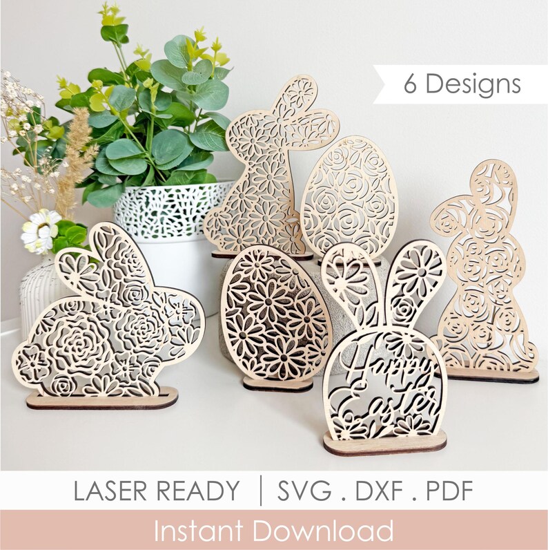 Floral Easter Bunny and Egg SVG Bundle, Standing Easter Shelf Sitters ...