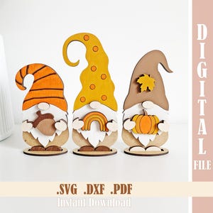 Fall Gnomes SVG Set of 3, Layered Laser Cut Files for Glowforge, Autumn Gnome Decor for Tiered Tray,  Pumpkin Acorn Rainbow