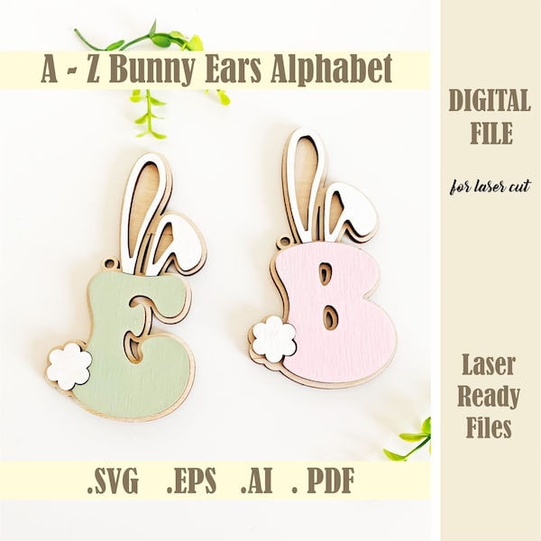 Bunny Ears Letters Easter Basket Tags SVG, A-Z Bunny Alphabet Svg, Easter Rabbit Initials Laser Cut File Glowforge Digital Download