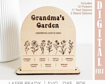 Grandma’s Garden Sign SVG with Birth Month Flowers, Personalized Mom Garden Laser Cut file, Mothers day Gift, Gift from Grandkids