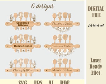 Mom's Kitchen Sign SVG file, Wall Decor Laser Cutting Files, Grandma's Kitchen, Mom Grandmother Mothers Day Svg files, Glowforge Cut File