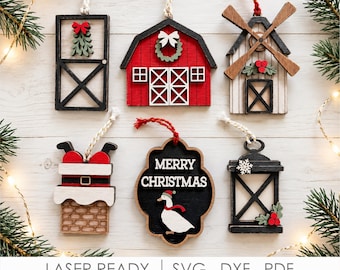 Farmhouse Christmas Ornament SVG Bundle, 6 Barn, Windmill, Lantern and Country Laser Cut Designs