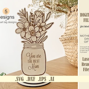 Lasergesneden bestand bloemboeket met standaard SVG Glowforge digitale download gegraveerde bloemen Moederdagcadeau staande pot bloemen voor moeder
