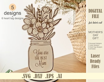 Laser Cut File Flower Bouquet with Stand SVG Glowforge Digital Download Engraved Florals Mother’s day gift Standing Pot Flowers for Mom
