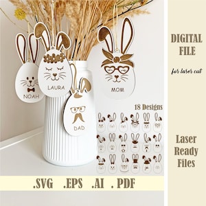 Bundle von 18 Osterhase Gesicht Ei geformt Korb Geschenkanhänger SVG, Ostereier Tag Laser geschnitten Datei, Ostern Ornamente Hase Digital Download