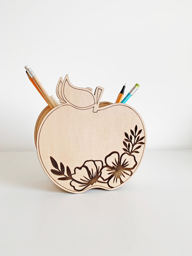 Apple Shape Pencil organizer SVG, Teacher appreciation gift, Desk pen holder, Laser cut file, Gift for Teachers, Digital glowforge files image 5