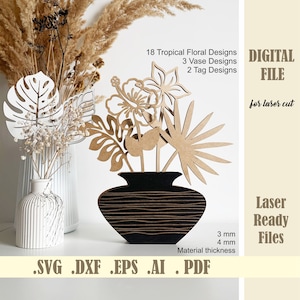 Pacote SVG de folhas e vasos de flores tropicais, arquivos cortados a laser para vasos de madeira, selva floral havaiana Flora etiquetas para presente do dia das mães download digital