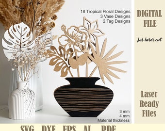 Tropical Flowers Leaves and Vases SVG Bundle, Wood Vase Laser Cut Files, Jungle Floral Hawaiian Flora Mothers day gift Tags Digital download