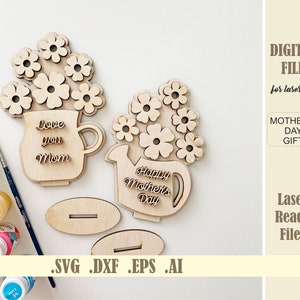 Moederdag SVG staande pot bloemen voor moeder diy kit bloemboeket met standaard lasergesneden bestand Glowforge digitale download Moederdagcadeau