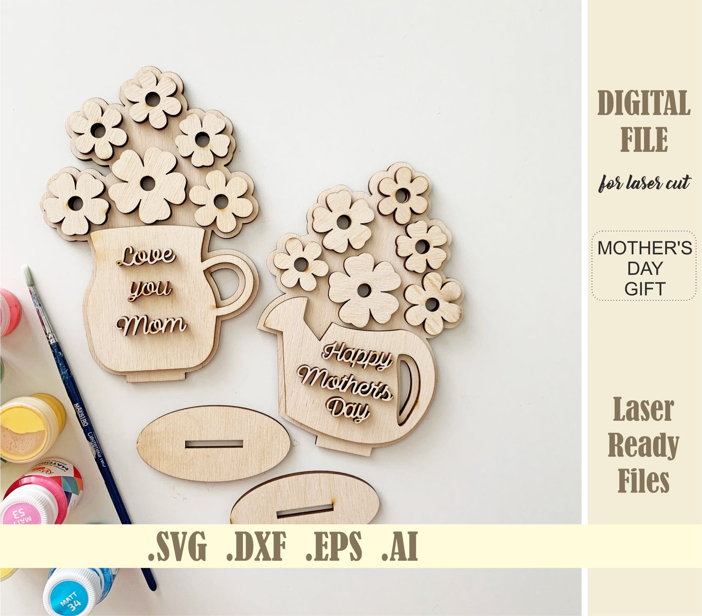 Mothers day SVG Standing Pot Flowers for Mom diy kit  Flower Bouquet with Stand Laser Cut File Glowforge Digital Download Mother’s day gift