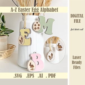 Easter Egg Letters Basket Tags SVG, A-Z Easter Egg Alfabet Svg, Easter Bunny Initialen, Monogram Laser Cut File Glowforge Digitale Download