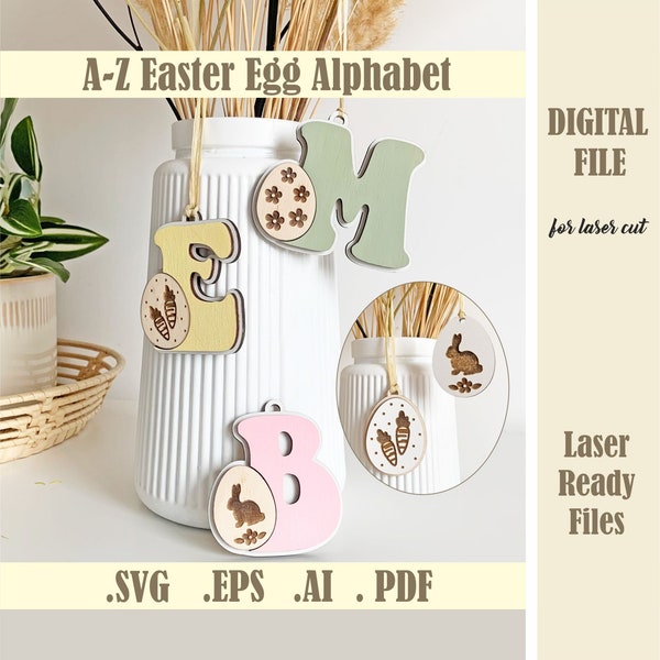 Easter Egg Letters Basket Tags SVG, A-Z Easter Egg Alphabet Svg, Easter Bunny Initials, Monogram Laser Cut File Glowforge Digital Download