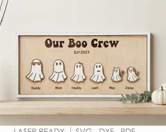 Letrero SVG de "Our Boo Crew", letrero familiar fantasma de Halloween, archivo de corte láser personalizado, decoración de Halloween de Glowforge, descarga digital