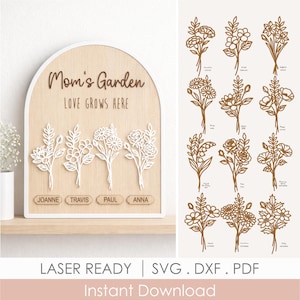 Op de afbeelding: Houten bord met de tekst "Mom's Garden LOVE GROWS HERE" en vier bloemboeketten. Daaronder de namen "JOANNE", "TRAVIS", "PAUL" en "ANNA". Een apart vel toont verschillende bloemontwerpen.