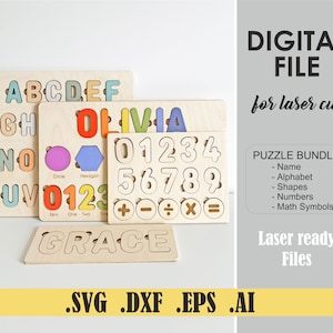 Name Zahlen Formen Alphabet Puzzle SVG Laser geschnittene Dateien Back To School, Digital geschnittene Dateien SVG Glowforge Digital Download