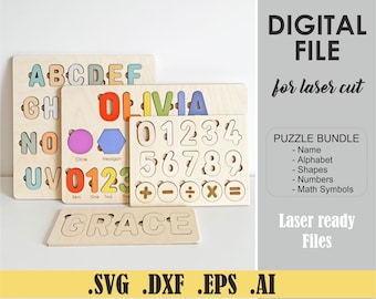 Name Numbers Shapes Alphabet Puzzle SVG Laser cut files Back To School, Digital cut Files SVG Glowforge Digital Download