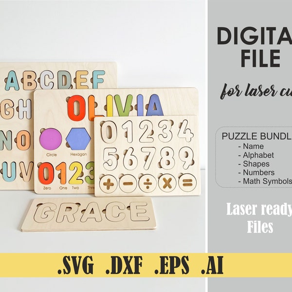 Name Numbers Shapes Alphabet Puzzle SVG Laser cut files Back To School, Digital cut Files SVG Glowforge Digital Download