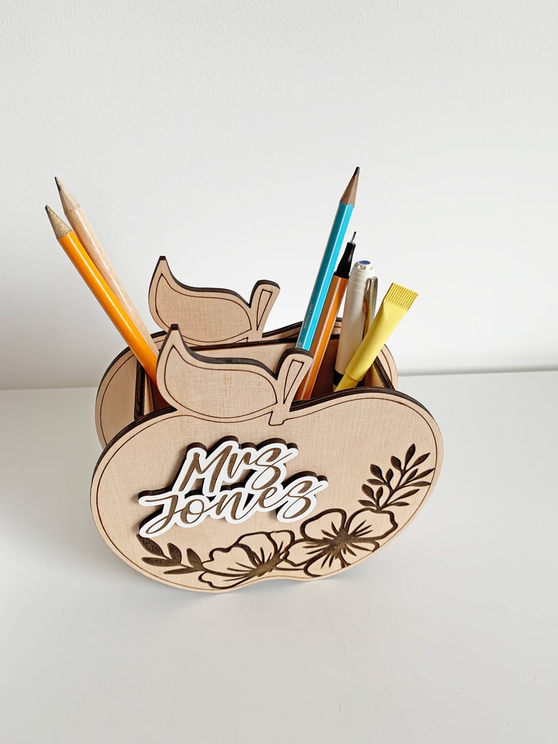 Apple Shape Pencil organizer SVG, Teacher appreciation gift, Desk pen holder, Laser cut file, Gift for Teachers, Digital glowforge files image 4