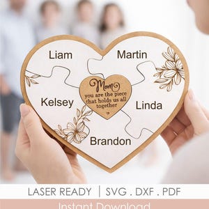 Mothers Day Puzzle Heart SVG, Personalized Names Gift from Kids Laser Cut File