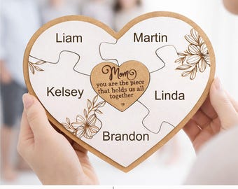 Mothers Day Puzzle Heart SVG, Personalized Names Gift from Kids Laser Cut File
