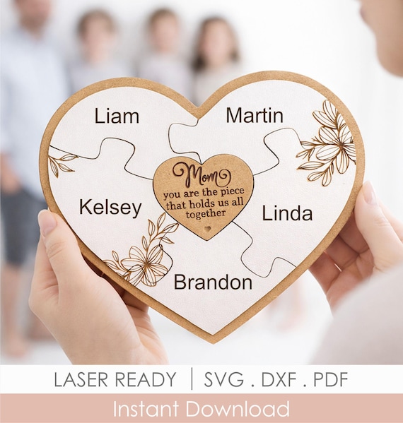 Mothers Day Puzzle Heart SVG, Personalized Names Gift From Kids