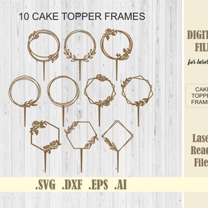 ケーキ トッパー フレーム SVG、ウェディング ケーキ トッパー レーザー カット ファイル、円形リース フレーム デジタル ダウンロード Glowforge ファイル (レーザー カット用)