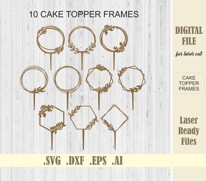 K&ouml;nnte beinhalten: Zehn verschiedene Designs f&uuml;r Kuchentopper-Rahmen. Die Rahmen sind aus einem filigranen floralen und geometrischen Design gefertigt. Die Rahmen sind lasergeschnitten und bereit f&uuml;r die Kuchendekoration.