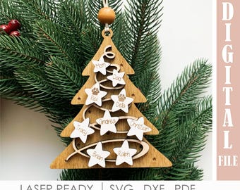 Family Names Ornament Laser Cut file, Christmas Tree Ornament SVG, Decorative Christmas Family Ornament, Glowforge Digital Download