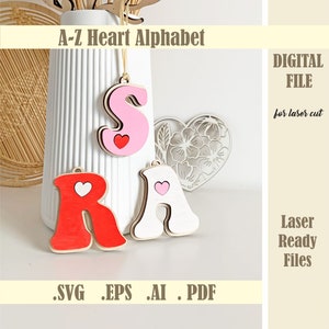Etiquetas con letras en forma de corazón para San Valentín SVG, archivo cortado con láser, alfabeto en forma de corazón, etiqueta con iniciales para San Valentín, etiquetas con monograma retro para canastas, descarga digital