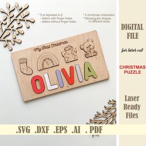 Rompecabezas de nombre de Navidad SVG, primer regalo de Navidad del bebé archivo cortado por láser, adornos navideños familiares digitales, rompecabezas para niños, decoración navideña
