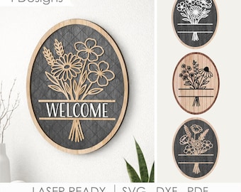Letrero de bienvenida floral SVG, archivo de corte láser para colgador de puerta ovalado, letrero de ramo de flores