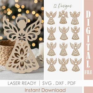 フィリグリークリスマスエンジェルSVGバンドル、12個のレースオーナメントレーザーカットファイル、天使の羽のツリーデコレーション
