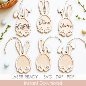 Easter Bunny Name Ornaments SVG, Personalized Bunny Ears Basket Tags, Happy Easter Eggs Laser Cut File Glowforge