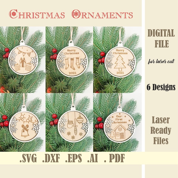 Set of 6 Christmas Ornaments SVG, Christmas Tree Decor Laser Cut File, Family Christmas Gift Digital, Christmas Snow Globe, Glowforge