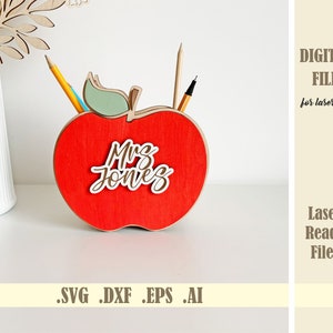 Presente de agradecimento ao professor, organizador de lápis em forma de Apple SVG, porta-canetas de mesa, arquivo cortado a laser, presente para professores, arquivos digitais Glowforge