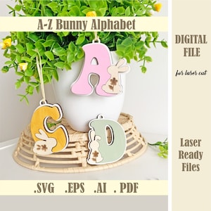 Bunny Letters Easter Basket Tags SVG, A-Z Easter Bunny alfabet Svg, Easter Rabbit initialen lasergesneden bestand, Pasen monogram digitale download