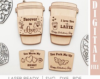 Valentine Coffee Cup Gift Card Holder SVG, Valentines Day Laser Cut File for glowforge