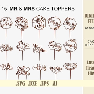 15 ミスターミセスバンドル ウェディングケーキトッパー SVG レーザーカットファイル Glowforge ファイル Cricut シルエットレーザーカット用 デジタルダウンロード