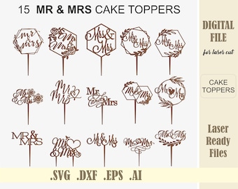 15 Mr Mrs Bundle Wedding cake toppers SVG Laser Cut Files Glowforge File for Cricut Silhouette Laser cutting Digital Download