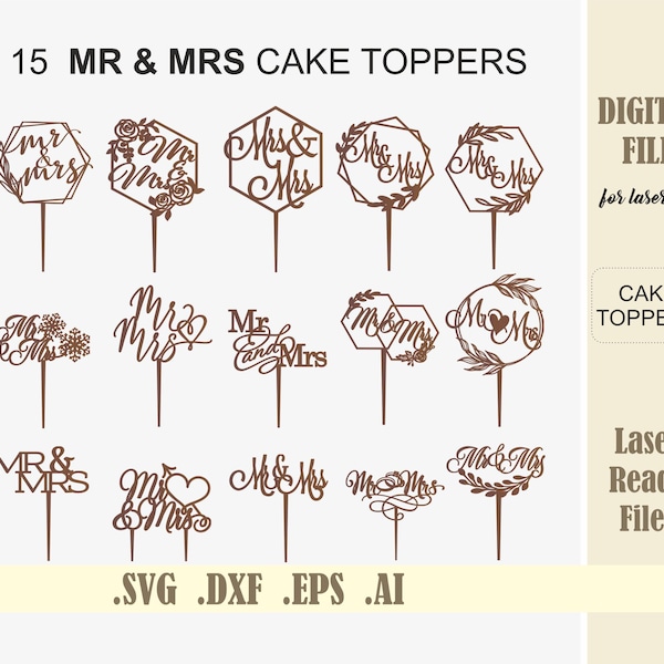 15 Mr Mrs Bundle Wedding cake toppers SVG Laser Cut Files Glowforge File for Cricut Silhouette Laser cutting Digital Download
