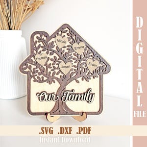 Casa del árbol genealógico SVG, letrero con nuestro nombre familiar cortado con láser con corazones, archivo SVG de decoración del hogar, regalo del Día de la Madre, regalo de aniversario para abuelos