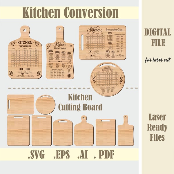 Kitchen Conversions SVG Bundle, Kitchen Conversion Chart Laser Cut File, Cutting Boards svg, Glowforge Digital Download, Kitchen SVG Design