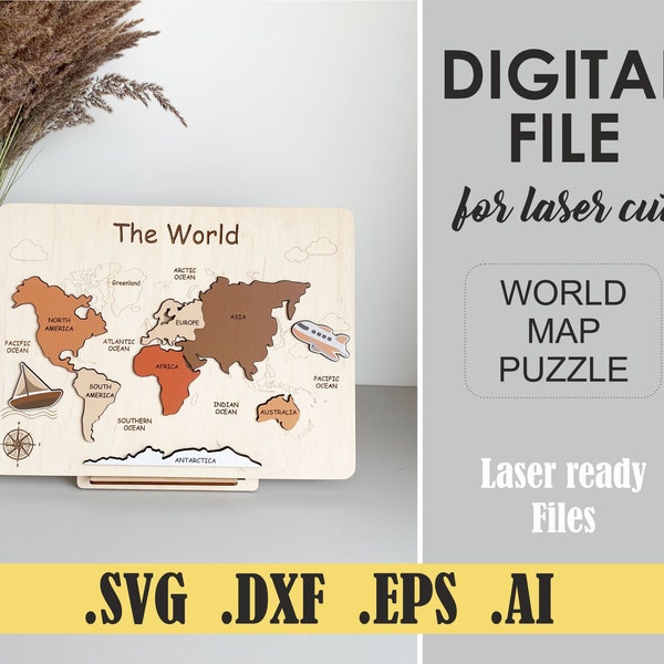 World Map Puzzle Laser Cut File SVG, DXF, DWG, Ai Digital Cut Files, Glowforge Digital Download, Kids Room Wall Decor