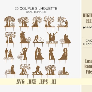 20 Paar Silhouette Hochzeitstorte Topper, Laser Cut Files, Braut und Bräutigam Baum Kuchen Topper, Mr Mrs svg für Cricut Silhouette