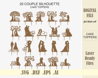 20 Couple Silhouette Wedding cake toppers SVG, Laser Cut Files, Bride and Groom Tree cake topper, Mr Mrs svg for Cricut Silhouette