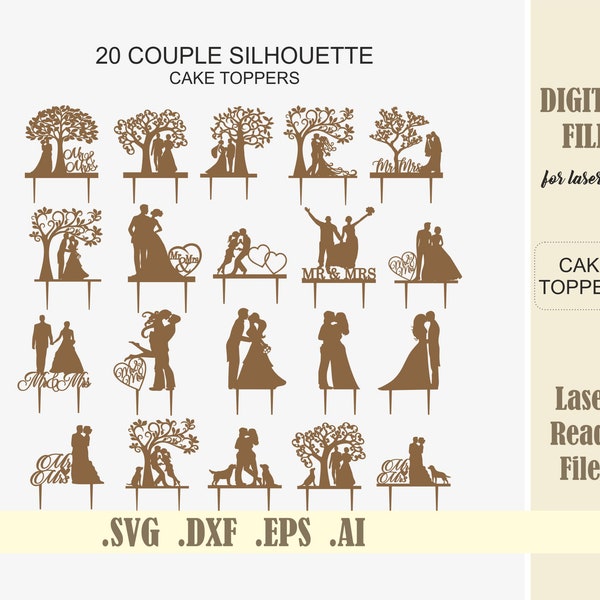 20 Couple Silhouette Wedding cake toppers SVG, Laser Cut Files, Bride and Groom Tree cake topper, Mr Mrs svg for Cricut Silhouette