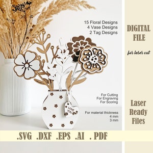 Pacchetto SVG di fiori selvatici e vasi, file di taglio laser per vasi in legno, bouquet di fiori selvatici per la mamma, etichette regalo floreali per la festa della mamma Download digitale