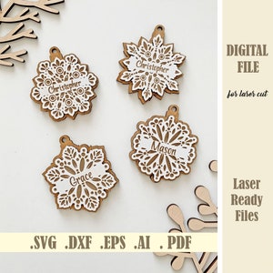 Pacote SVG de enfeites de Natal de floco de neve, primeiro enfeite de Natal do bebê, arquivo de corte a laser SVG, decoração de Natal da família, digital Glowforge
